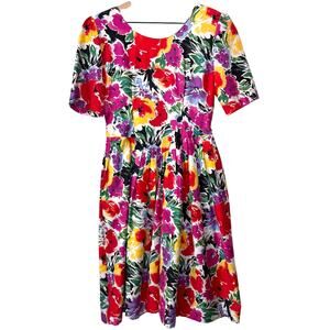 Vintage TARETI Floral Midi Dress Women's 6 Cotton Floral Tea Puff Sleeve Cottage